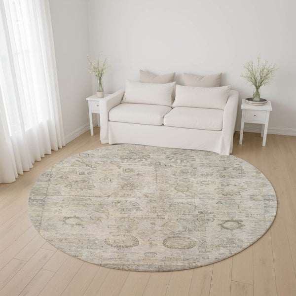 HomeRoots 8' Linen and Beige Oriental Round Rug - Washable, UV Protected, Durable Design for Family Spaces 700772