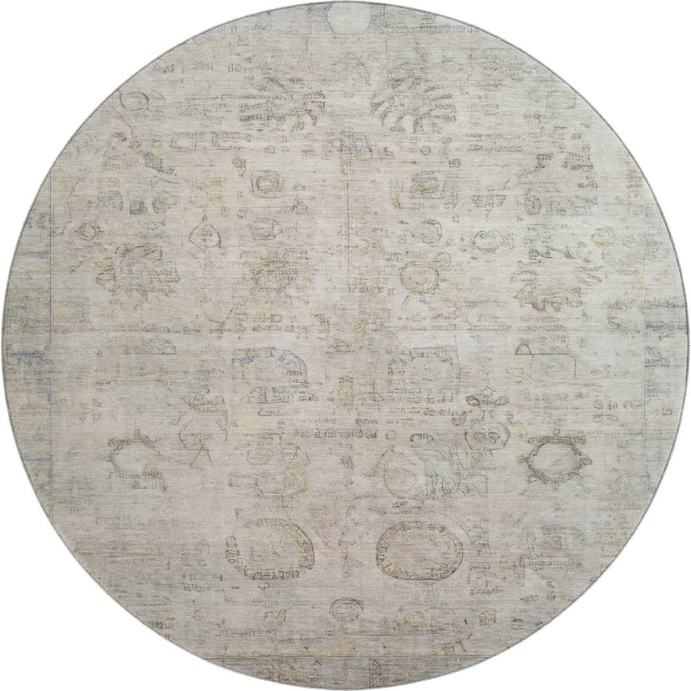 HomeRoots 8' Linen and Beige Oriental Round Rug - Washable, UV Protected, Durable Design for Family Spaces 700772