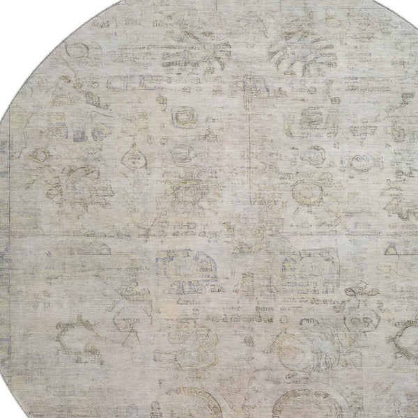 HomeRoots 8' Linen and Beige Oriental Round Rug - Washable, UV Protected, Durable Design for Family Spaces 700772