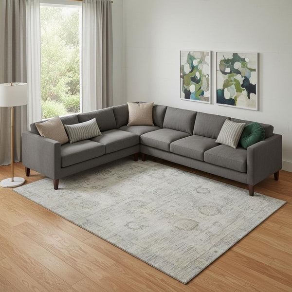 HomeRoots 9' X 12' Linen and Beige Oriental Area Rug - Washable, Stain Resistant, UV Protected, Durable Design 700774