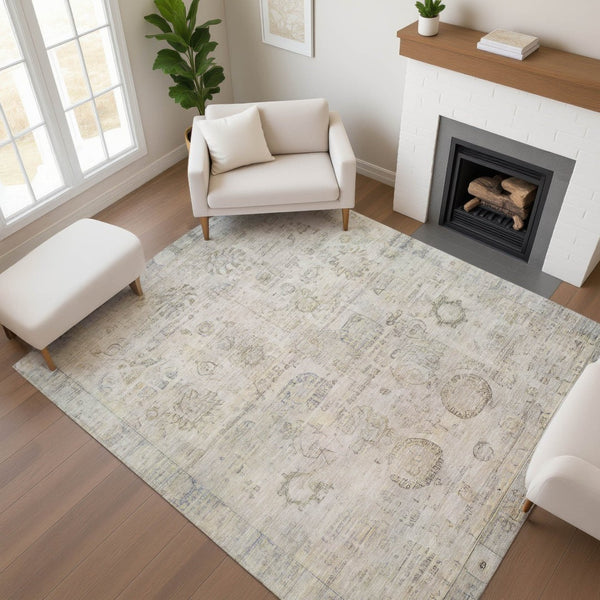 HomeRoots 9' X 12' Linen and Beige Oriental Area Rug - Washable, Stain Resistant, UV Protected, Durable Design 700774