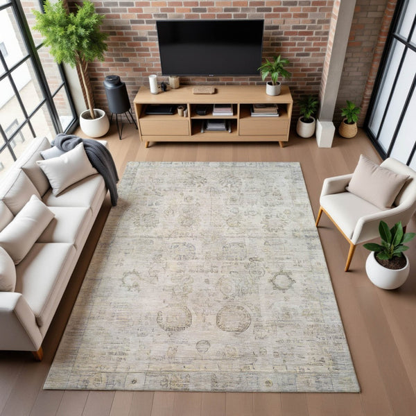 HomeRoots 9' X 12' Linen and Beige Oriental Area Rug - Washable, Stain Resistant, UV Protected, Durable Design 700774