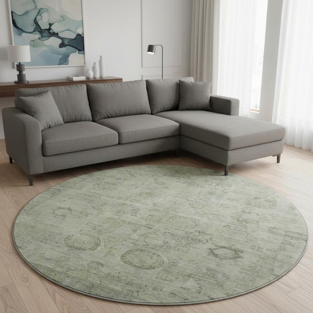 HomeRoots 8' Sage and Gray Oriental Round Washable Rug with UV Protection for Elegant, Durable Living Spaces 700778