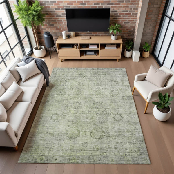 HomeRoots 9' X 12' Sage & Gray Oriental Washable Area Rug - UV Resistant, Stain-Repellent, Non-Slip Design! 700780