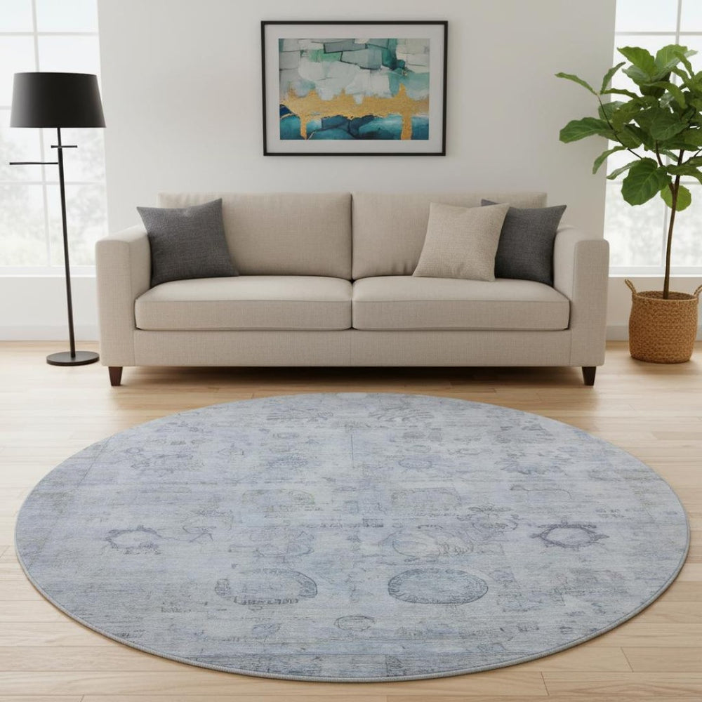 HomeRoots 8' Sky Blue and Gray Washable Round Rug – Stylish, Durable, Stain-Resistant with UV Protection! 700784
