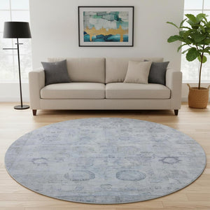 HomeRoots 8' Sky Blue and Gray Washable Round Rug – Stylish, Durable, Stain-Resistant with UV Protection! 700784