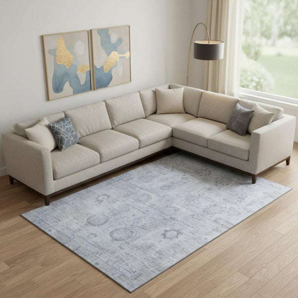 HomeRoots 10' X 14' Sky Blue & Gray Oriental Washable Area Rug - Durable, UV Protected, Perfect for Families! 700787