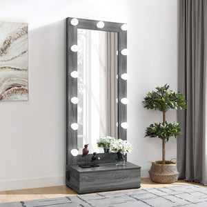 English Elm Lorena Grey Floor Mirror with LED, Built‑in Speaker & Drawer — Solid Wood/MDF, Space‑Saving Style B201S00442