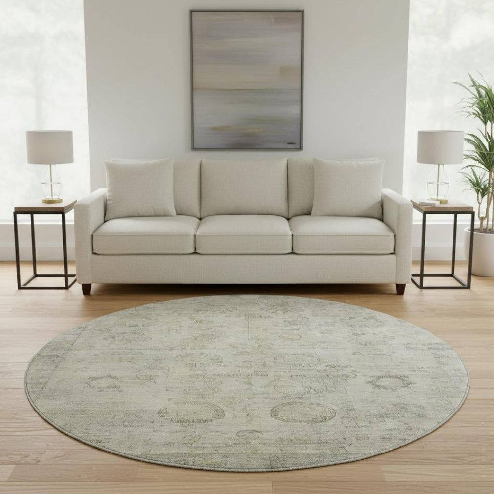 HomeRoots 8' Taupe and Beige Oriental Washable Round Rug - Stain Resistant, UV Protected, Non-Slip Backing 700790