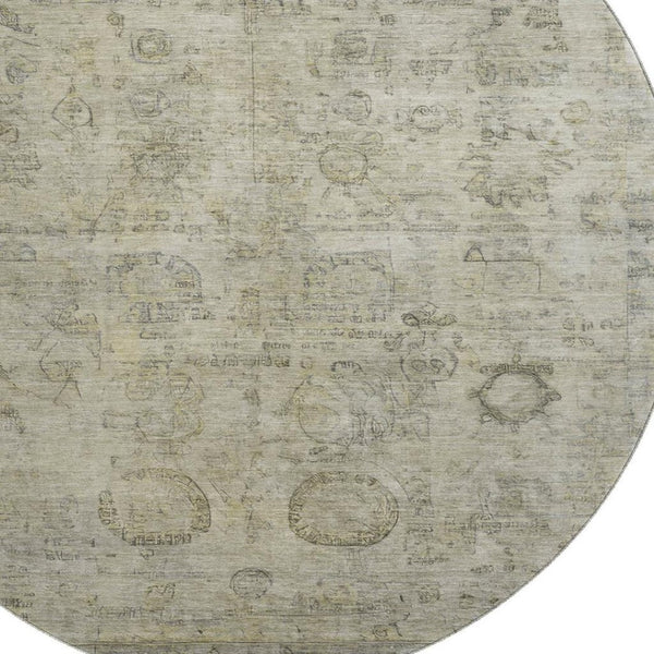 HomeRoots 8' Taupe and Beige Oriental Washable Round Rug - Stain Resistant, UV Protected, Non-Slip Backing 700790