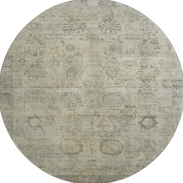 HomeRoots 8' Taupe and Beige Oriental Washable Round Rug - Stain Resistant, UV Protected, Non-Slip Backing 700790
