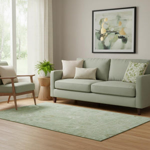 HomeRoots 5' X 8' Artichoke Green & Ivory Damask Area Rug - Washable, UV Protected, Stylish & Durable Design 700795