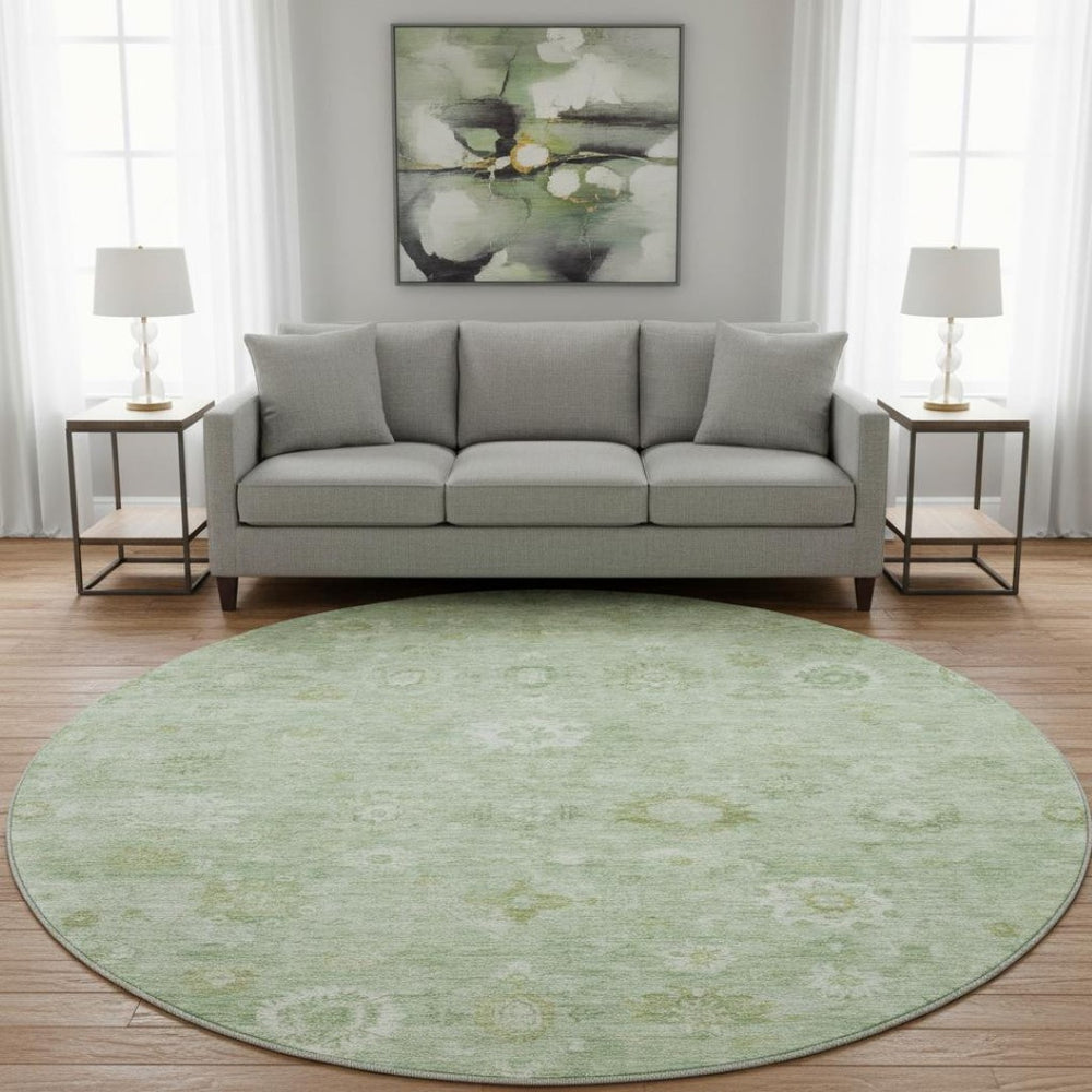 HomeRoots 8' Stylish Artichoke Green & Ivory Damask Round Rug - Washable, UV Protected, Durable & Elegant! 700796