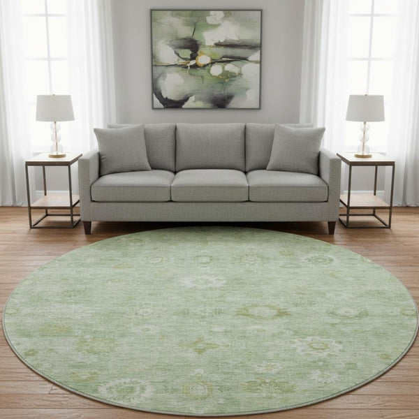 HomeRoots 8' Stylish Artichoke Green & Ivory Damask Round Rug - Washable, UV Protected, Durable & Elegant! 700796