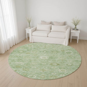 HomeRoots 8' Stylish Artichoke Green & Ivory Damask Round Rug - Washable, UV Protected, Durable & Elegant! 700796
