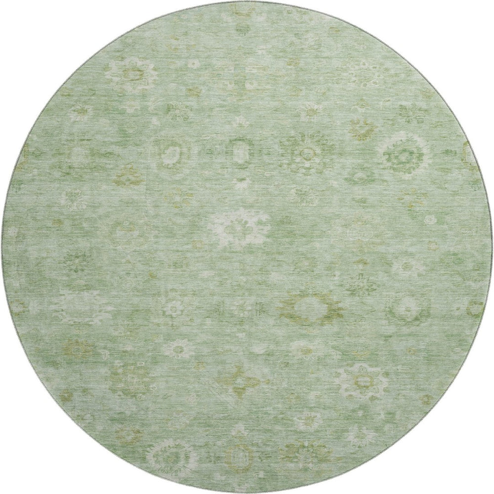 HomeRoots 8' Stylish Artichoke Green & Ivory Damask Round Rug - Washable, UV Protected, Durable & Elegant! 700796