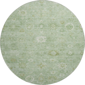 HomeRoots 8' Stylish Artichoke Green & Ivory Damask Round Rug - Washable, UV Protected, Durable & Elegant! 700796