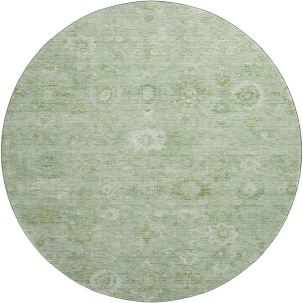 HomeRoots 8' Stylish Artichoke Green & Ivory Damask Round Rug - Washable, UV Protected, Durable & Elegant! 700796