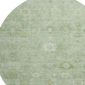 HomeRoots 8' Stylish Artichoke Green & Ivory Damask Round Rug - Washable, UV Protected, Durable & Elegant! 700796