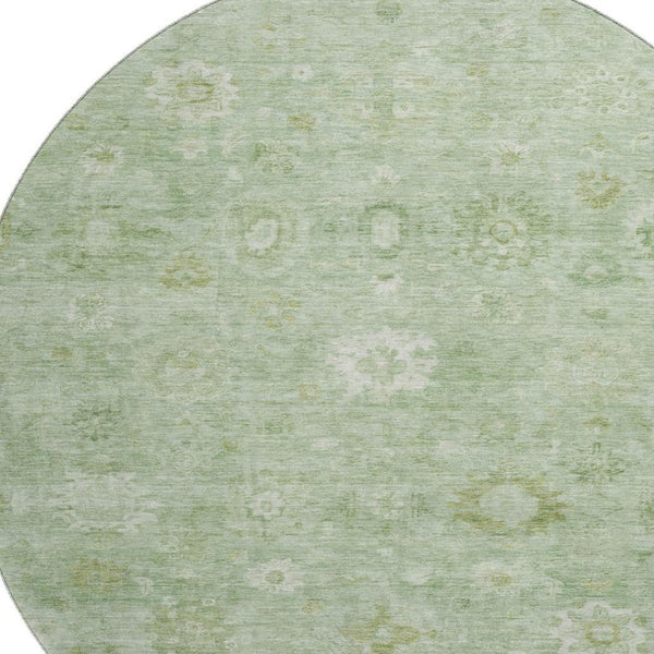 HomeRoots 8' Stylish Artichoke Green & Ivory Damask Round Rug - Washable, UV Protected, Durable & Elegant! 700796