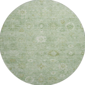 HomeRoots 8' Stylish Artichoke Green & Ivory Damask Round Rug - Washable, UV Protected, Durable & Elegant! 700796