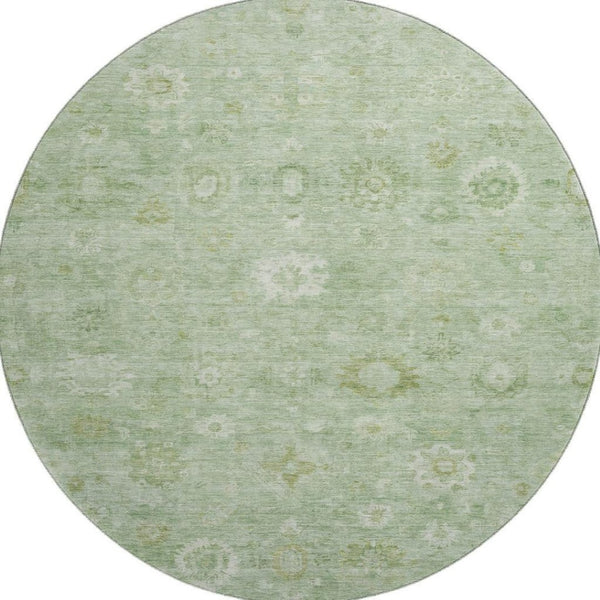 HomeRoots 8' Stylish Artichoke Green & Ivory Damask Round Rug - Washable, UV Protected, Durable & Elegant! 700796