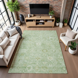HomeRoots 8' X 10' Artichoke Green Damask Area Rug - Washable, UV-Protected, Stylish & Durable for High-Traffic Homes 700797
