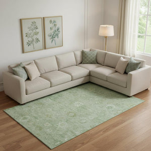 HomeRoots 9' X 12' Elegant Artichoke Green & Ivory Damask Area Rug - Washable, UV Protected, Durable Design 700798