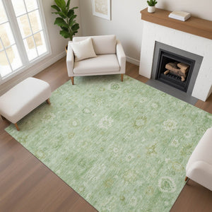 HomeRoots 9' X 12' Elegant Artichoke Green & Ivory Damask Area Rug - Washable, UV Protected, Durable Design 700798