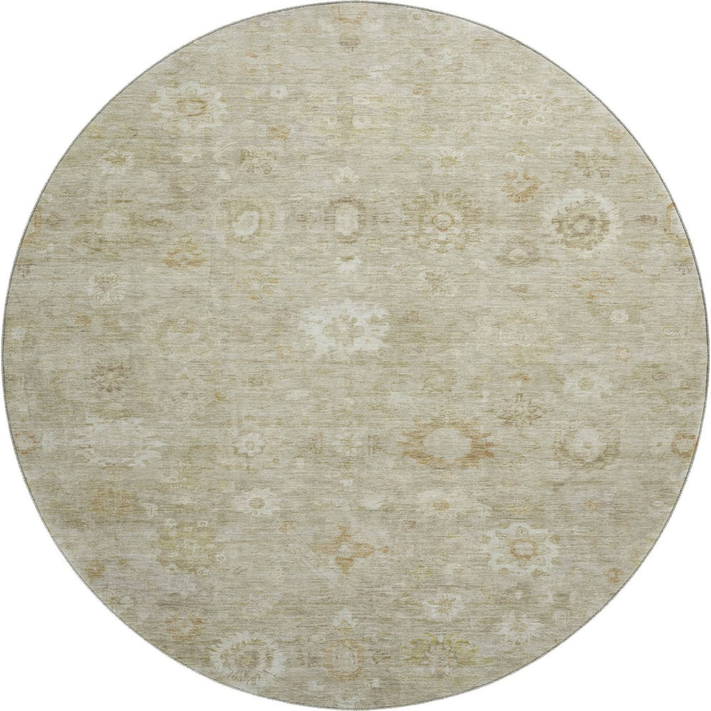 HomeRoots 8' Beige and Ivory Damask Washable Round Rug - Durable, UV Resistant, Ideal for Family Spaces! 700802
