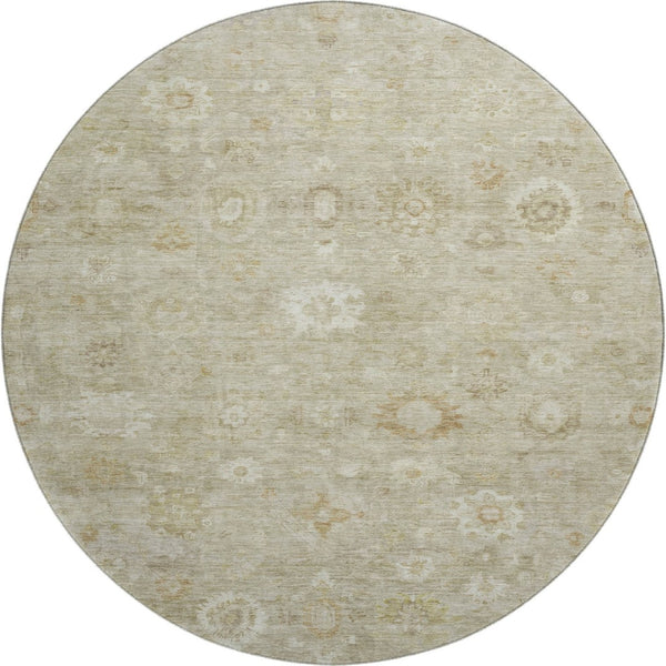 HomeRoots 8' Beige and Ivory Damask Washable Round Rug - Durable, UV Resistant, Ideal for Family Spaces! 700802