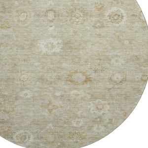 HomeRoots 8' Beige and Ivory Damask Washable Round Rug - Durable, UV Resistant, Ideal for Family Spaces! 700802