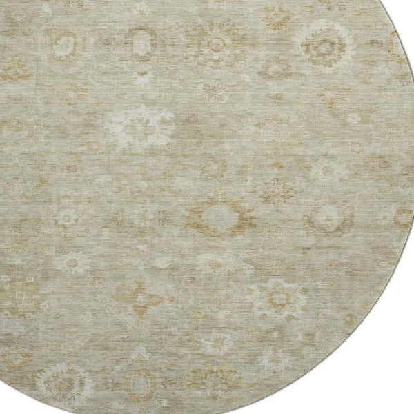 HomeRoots 8' Beige and Ivory Damask Washable Round Rug - Durable, UV Resistant, Ideal for Family Spaces! 700802