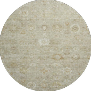 HomeRoots 8' Beige and Ivory Damask Washable Round Rug - Durable, UV Resistant, Ideal for Family Spaces! 700802