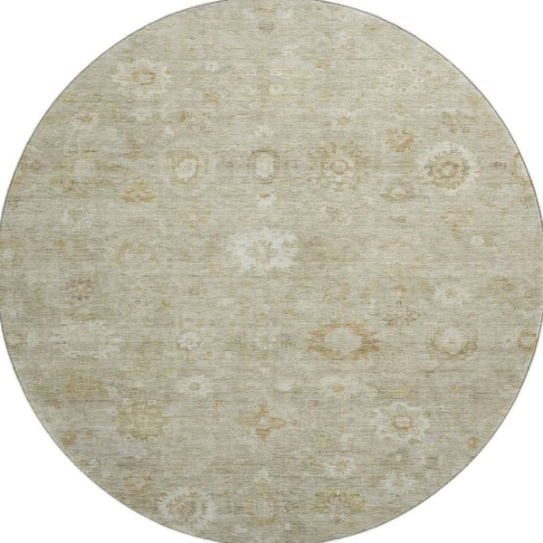 HomeRoots 8' Beige and Ivory Damask Washable Round Rug - Durable, UV Resistant, Ideal for Family Spaces! 700802
