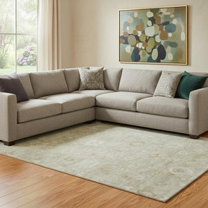 HomeRoots 8' X 10' Beige and Ivory Damask Area Rug - Washable, UV-Protected, Stain-Resistant for High Traffic Areas 700803