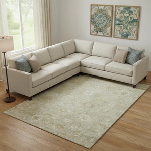 HomeRoots 9' X 12' Elegant Beige & Ivory Damask Washable Area Rug with UV Protection for Busy Homes 700804