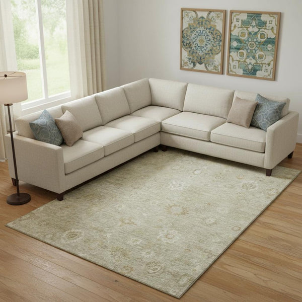 HomeRoots 9' X 12' Elegant Beige & Ivory Damask Washable Area Rug with UV Protection for Busy Homes 700804