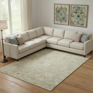 HomeRoots 10' X 14' Elegant Beige & Ivory Damask Washable Area Rug with UV Protection for High-Traffic Spaces 700805
