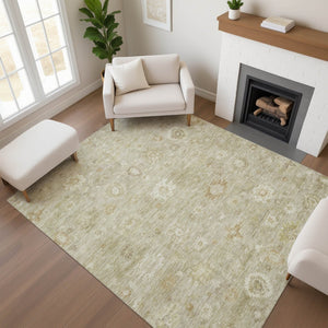 HomeRoots 10' X 14' Elegant Beige & Ivory Damask Washable Area Rug with UV Protection for High-Traffic Spaces 700805