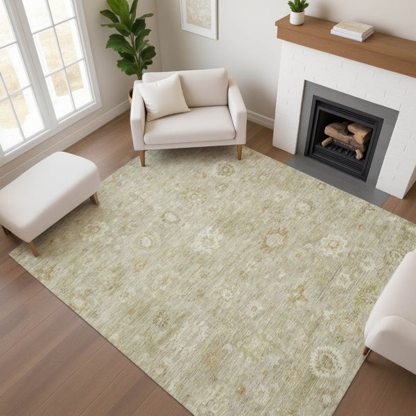 HomeRoots 10' X 14' Elegant Beige & Ivory Damask Washable Area Rug with UV Protection for High-Traffic Spaces 700805