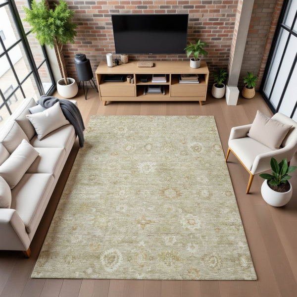 HomeRoots 10' X 14' Elegant Beige & Ivory Damask Washable Area Rug with UV Protection for High-Traffic Spaces 700805