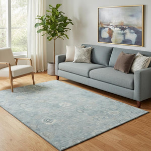 HomeRoots 5' x 8' Blue and Ivory Damask Area Rug – Stylish, Stain-Resistant, UV-Protected for Any Room! 700807