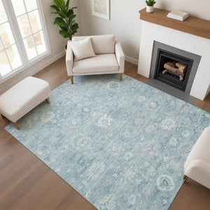 HomeRoots 5' x 8' Blue and Ivory Damask Area Rug – Stylish, Stain-Resistant, UV-Protected for Any Room! 700807