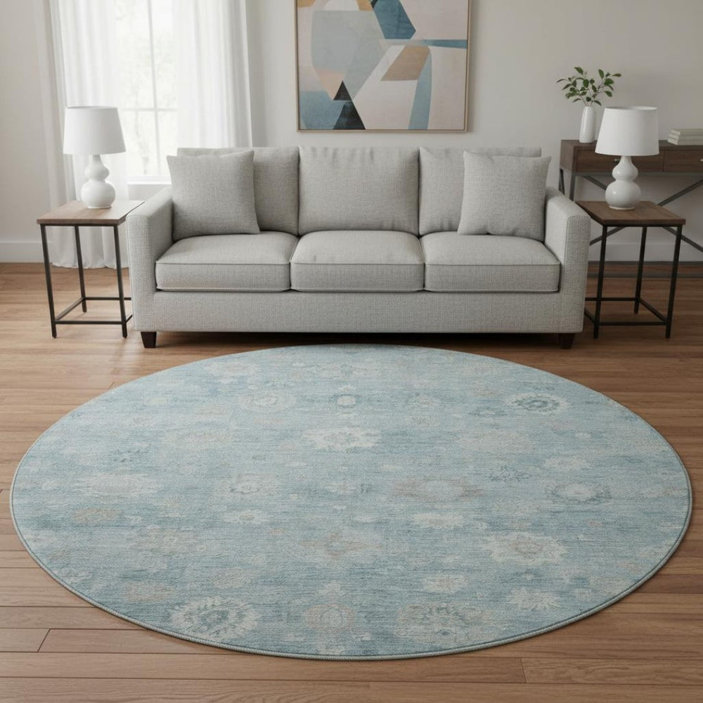 HomeRoots 8' Blue And Ivory Damask Round Rug - Stylish, Washable, UV-Protected, Durable Design for Every Home 700808