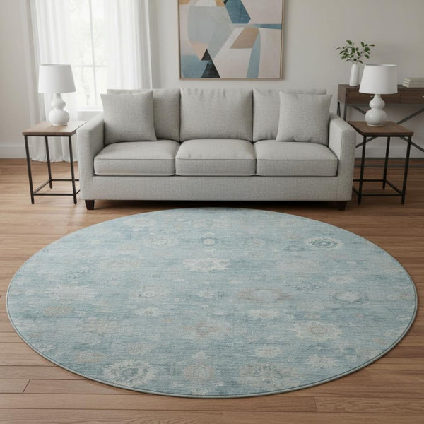 HomeRoots 8' Blue And Ivory Damask Round Rug - Stylish, Washable, UV-Protected, Durable Design for Every Home 700808