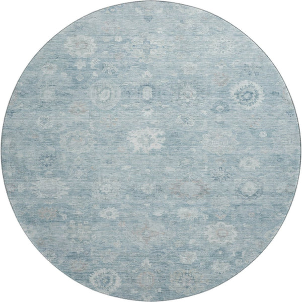 HomeRoots 8' Blue And Ivory Damask Round Rug - Stylish, Washable, UV-Protected, Durable Design for Every Home 700808