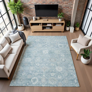 HomeRoots 8' X 10' Blue and Ivory Damask Area Rug - Washable, UV-Protected, Stylish for High-Traffic Rooms 700809