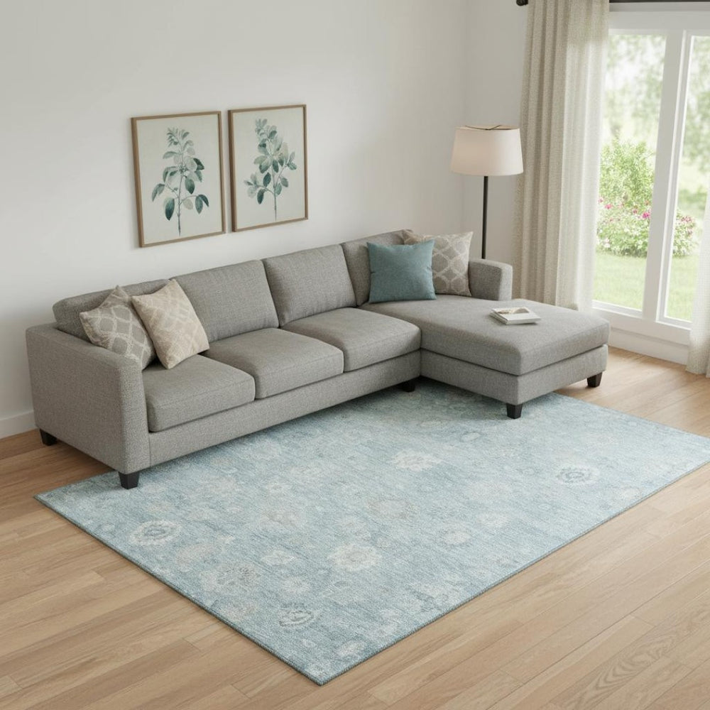 HomeRoots 9' X 12' Elegant Blue and Ivory Damask Rug – Washable, UV Protected, Stain Resistant for High Traffic Areas 700810