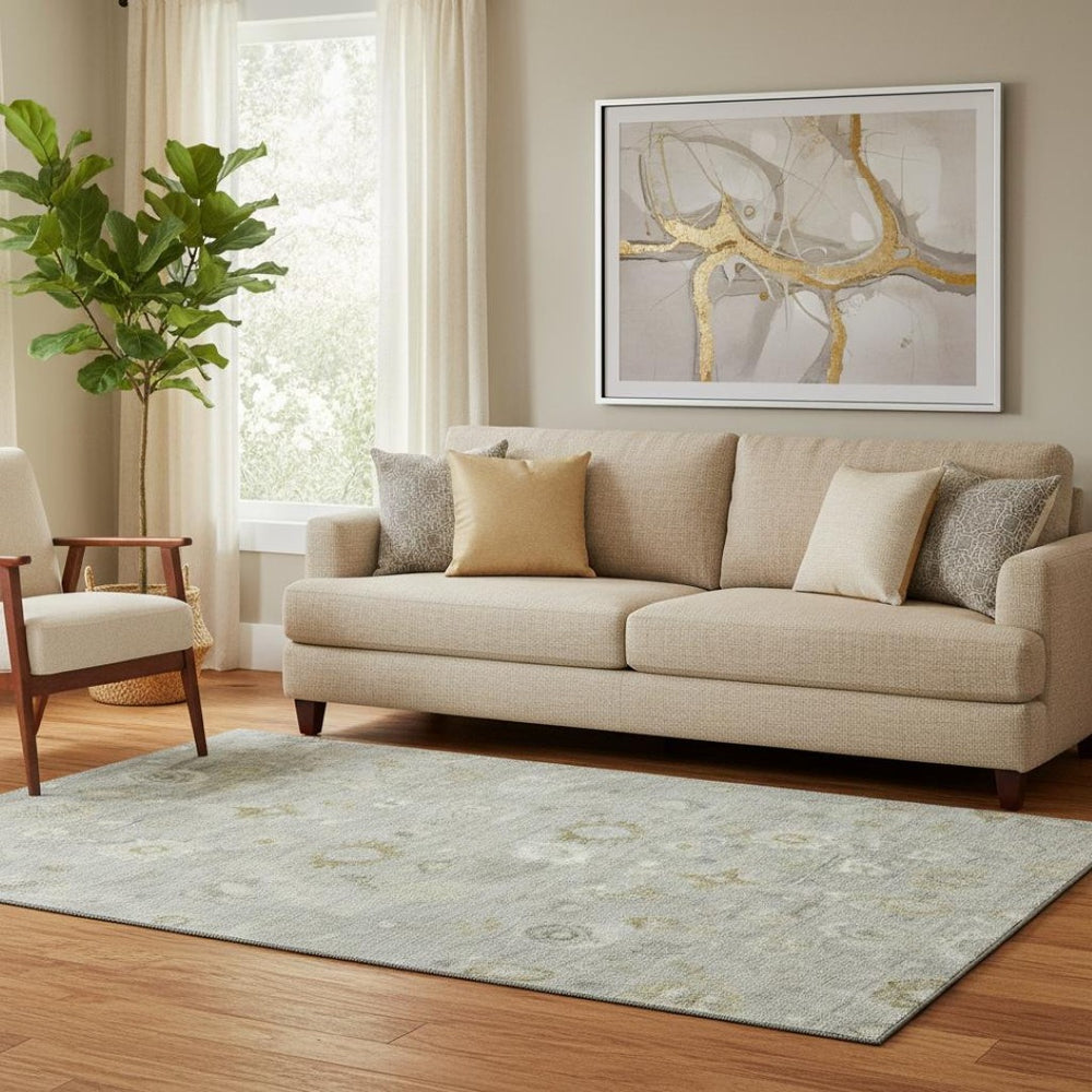 HomeRoots 5' X 8' Gray Gold Ivory Damask Area Rug - Washable, UV Protected, Durable for Homes with Kids & Pets 700813